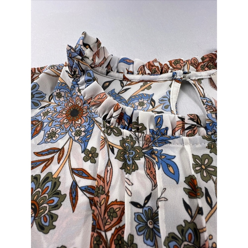 LOFT Womens Floral Ruffle Neck Blouse Small Long Sleeve Keyhole Top White - Picture 8 of 13